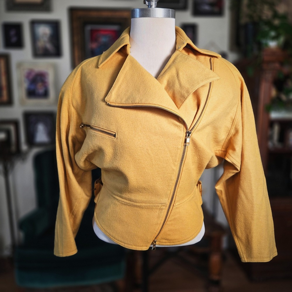 Royal Mode Wool Jacket Mustard Yellow 80s Style Cropped Moto Biker Coat Medium